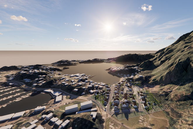 En 3D-modell av Svolvær som også viser solforhold