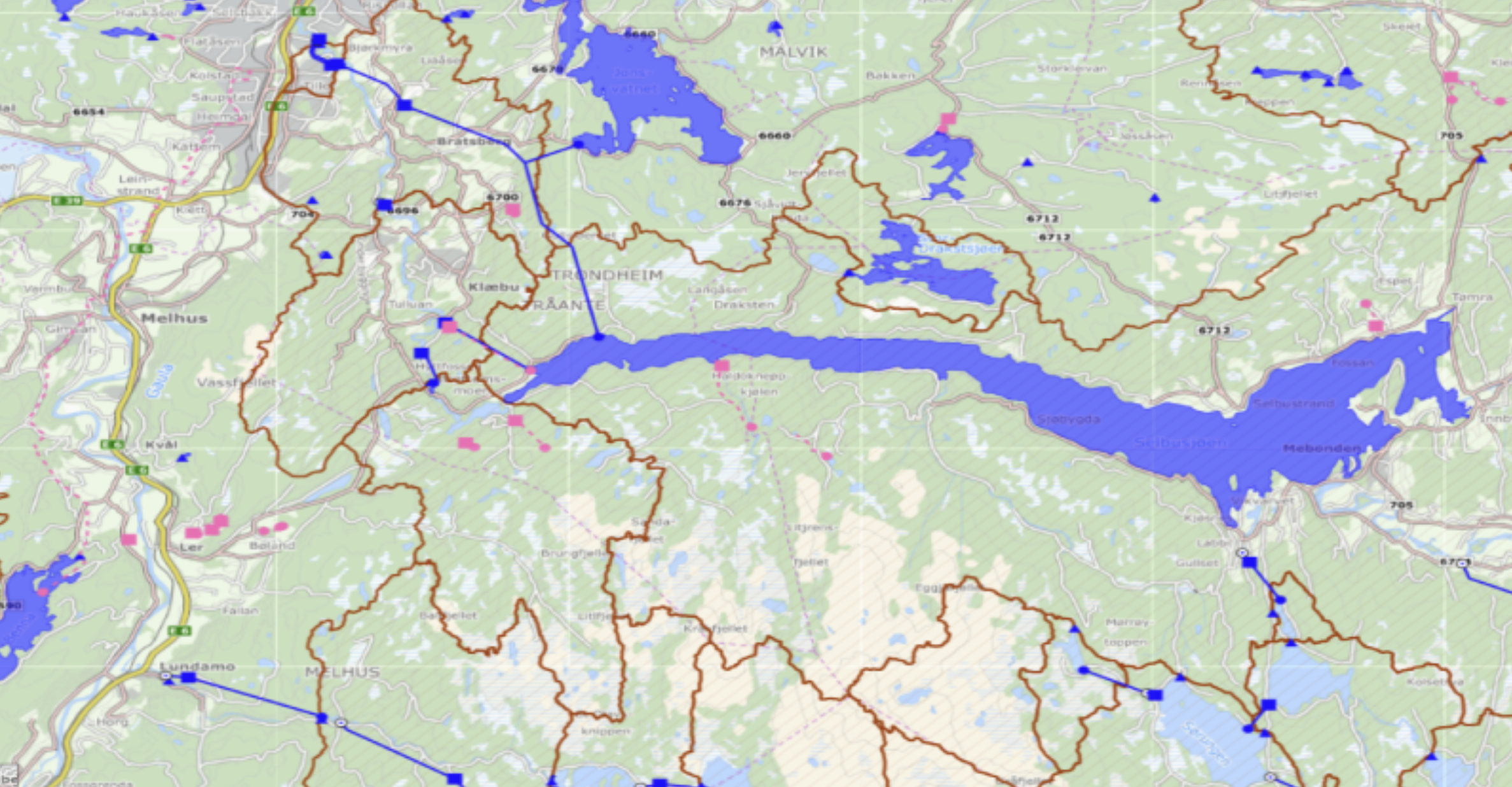 Kartlag over vannkraft (utbygd og ikke utbygd) som er tilgjengelig gjennom API Offentlige Kartdata