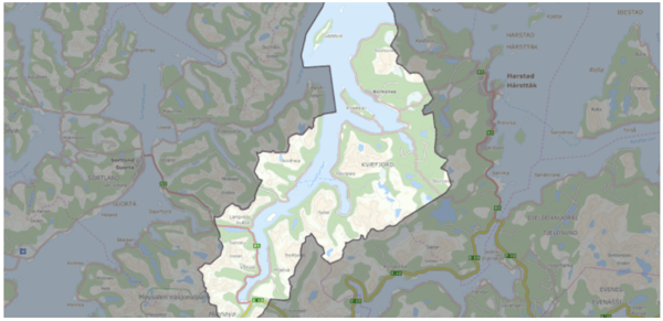 Geometrien av Kvæfjord kommune, hentet fra API Kommuneinformasjon
