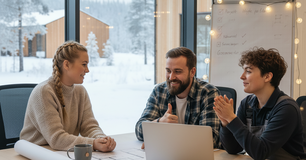tre mennesker på et kontor med pc foran seg ser glade ut fordi byggesøknad er komplett
