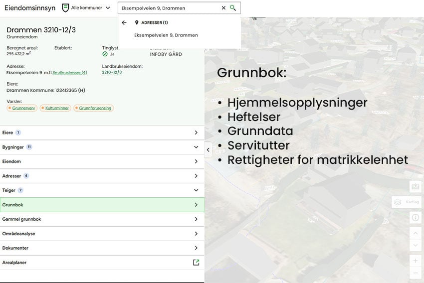 Et skjermbilde som viser hva man kan se under menypunktet "Grunnbok" i Eiendomsinnsyn fra Norkart