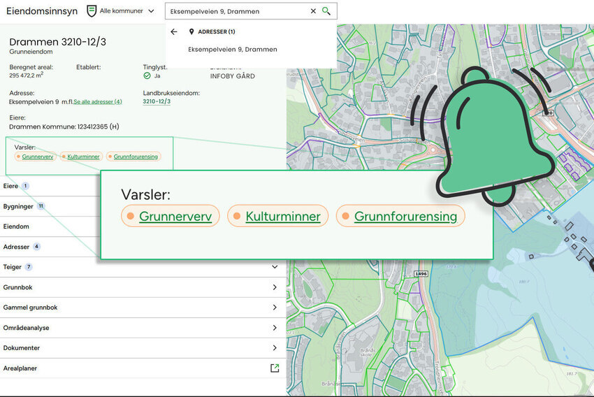 Et skjermbilde som viser hvilke varsler man må forholde seg til på valgt eiendom.