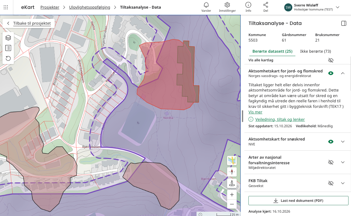 Skjermbilde av eKart Byggesak med tiltaksanalyse, kart med aktsomhetsområder og liste over berørte datasett