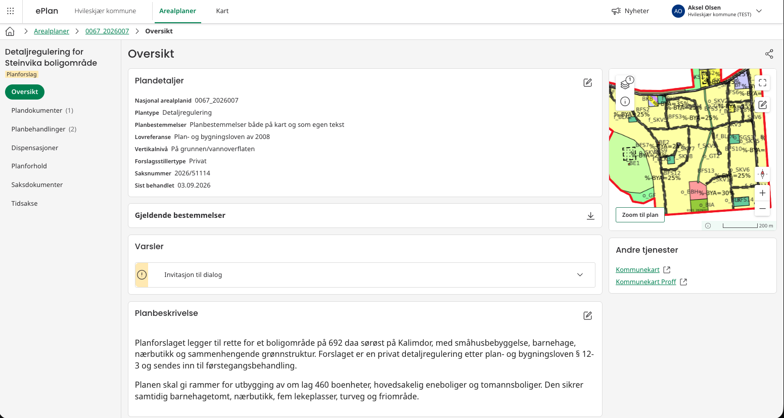 Skjermbilde av Gisline ePlan med plankart og planregister