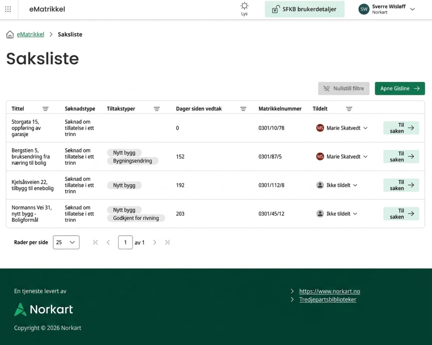Skjermbilde av Gisline Matrikkelmelding med saksliste over nye og endrede bygninger